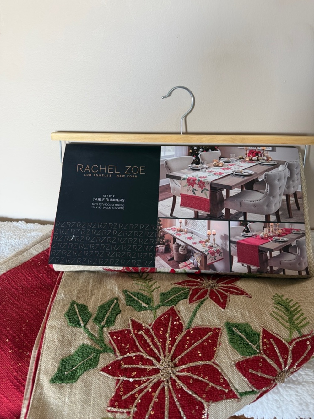 Rachel Zoe Holiday Christmas Table Runner Red Poinsettia Set of 2 NEW!